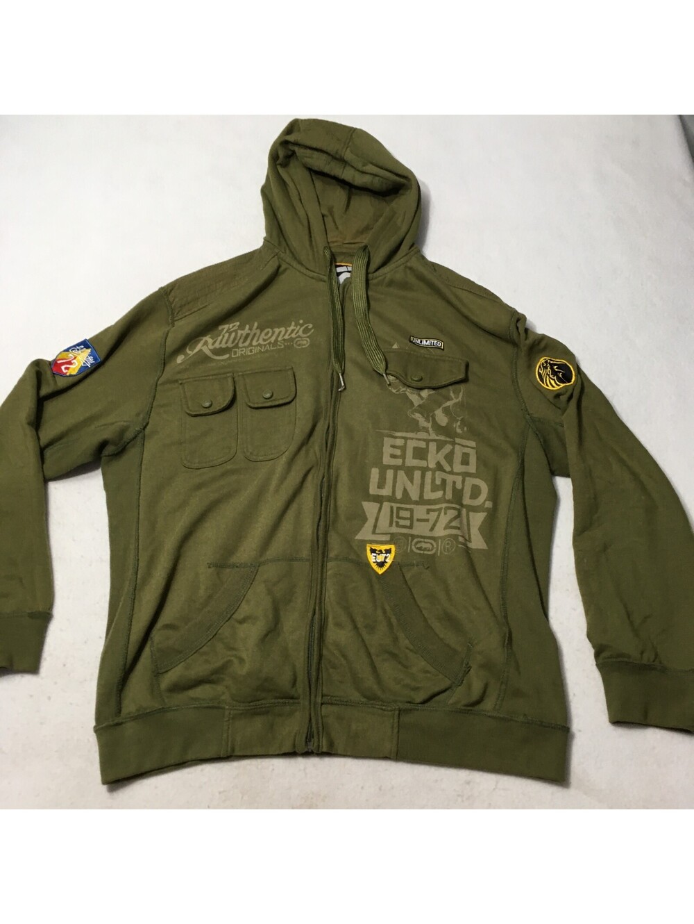 Vintage Ecko Unltd Mens Green Rhino Graphic EU72 Full Zip Size 2XL